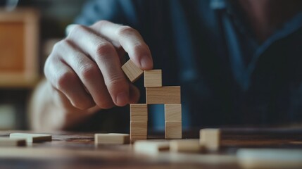 A mana??s hand creating a balance of gender equality symbols using small wooden blocks, symbolizing fairness and societal progress