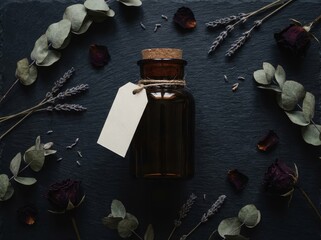 Amber glass bottle with cork stopper surrounded by botanicals