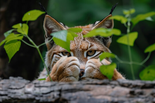 Lynx covering its face with a paw among green leaves, natural wildlife portrait with soft light, forest atmosphere and a calm expressive gaze