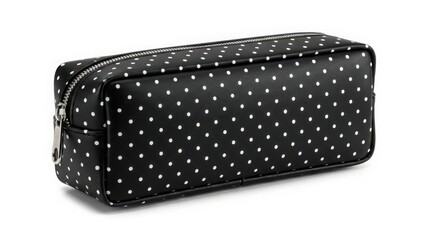Black polka dot cosmetic bag with small white dots isolated