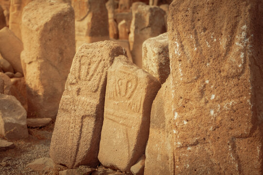 Stone-carved statues belong to about 8000 years ago, found near Ardabil city of Iran in an ancient city called Yeri. The large stone structures feature prominent owl figures, Ardabil, Iran.