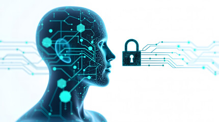 Artificial Intelligence and Data Security Concept with Digital Human Profile and Padlock Icon