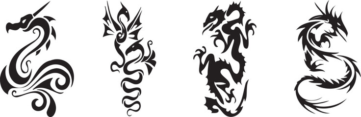 Tribal dragon silhouette set with fierce fantasy creatures and flowing flame shapes. Black mythical dragon designs feature sharp curves, fire elements, and powerful motion. Ideal for tattoos, logos, 