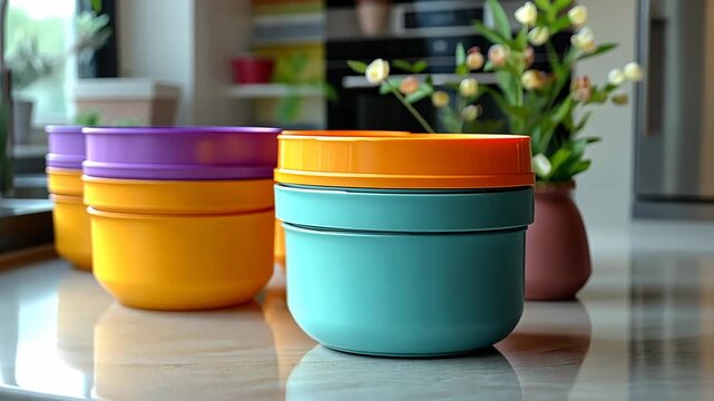 A variety of colorful plastic bowls stacked neatly on a kitchen counter.