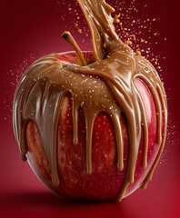 Glossy Red Apple with Melted Chocolate and Caramel Pouring Over It with Splashes created with Generative AI Technology, ai, generative