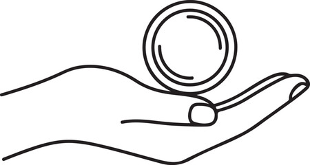 Obraz premium A minimalist black and white line art illustration of a hand holding a single coin, symbolizing saving, investment, charity, or financial support in a clean, modern style.