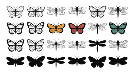 Variety of flying insect vectors artistic style including butterflies and dragonflies in line art and fill