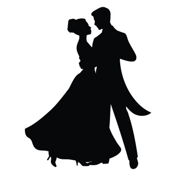 elegant dancing couple silhouette with flowing gown, romantic ballroom dance couple silhouette illustration, wedding love couple silhouette in graceful pose