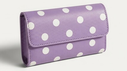 Purple polka dot cosmetic bag with flap closure isolated on white