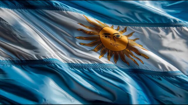 The Argentine national flag waves with a large golden sun symbol on white and blue horizontal stripes in the daytime.