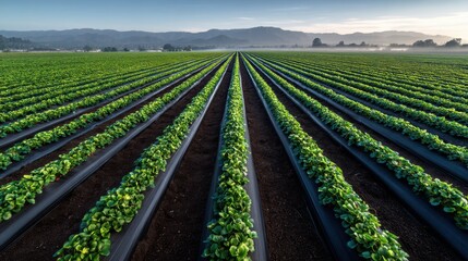 Lush green rows of crops in sunrise agricultural landscape with mountainous horizon.