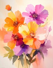 A vibrant bouquet of colorful flowers in soft watercolor, showcasing shades of pink, orange, and purple with lush green leaves.