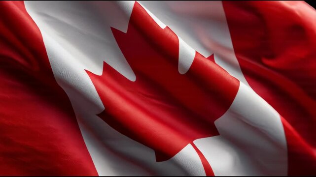 Waving Canadian flag with red maple leaf symbol on white and red background closeup