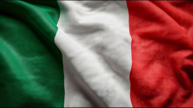 The Italian flag waving with green white and red vertical stripes closely