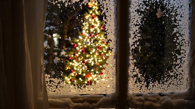 Cozy indoor scene featuring a glowing Christmas tree viewed through a frosted window on a snowy night