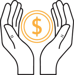 A minimalist black and white line art vector of two hands cupped around a large orange dollar coin, representing financial protection, wealth preservation, and personal savings.