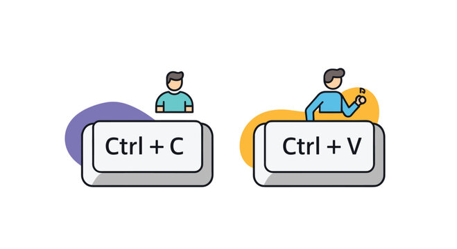Keyboard shortcut icons for copy and paste functions illustrate common computer tasks and efficiency in digital workflow management.