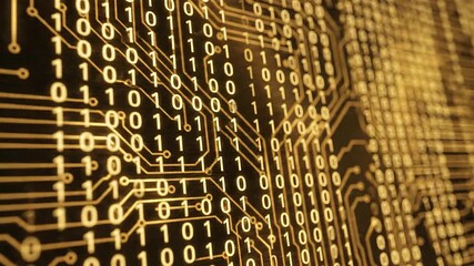Dynamic closeup of a glowing golden circuit board with intricate electronic pathways and flowing binary code representing advanced digital technology data processing artificial intelligence and the f. - Powered by Adobe