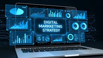 Laptop screen displays digital marketing strategy with blue futuristic interface and data charts. - Powered by Adobe