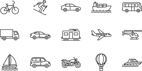 Set of minimalist line icons for transportation featuring car airplane bus ship bicycle helicopter and travel vehicle symbols. © MDBABULU
