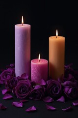 Three glowing pillar candles surrounded by purple roses on a deep dramatic background