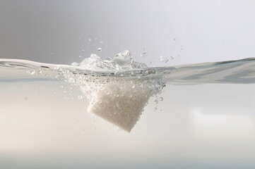 Raw sugar cube dissolves as shimmering bubbles gather under soft bright studio lighting