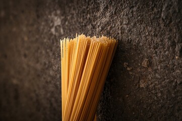 Dried spaghetti leans against dark stone wall as warm light reveals textured grains
