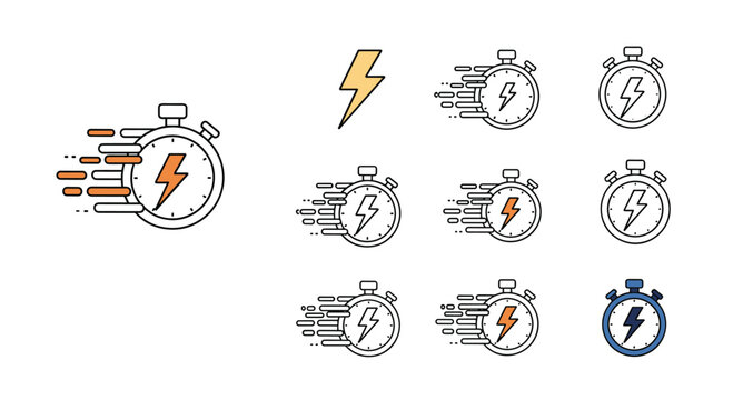 Series of stopwatch icons featuring a lightning bolt symbol to represent fast delivery, high speed performance, and quick time tracking.