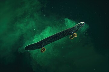 Retro 80s animated skateboard hovers in green mist against dark surreal background