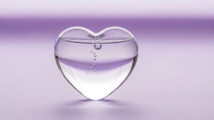 A heart shaped glass vase with water and a single drop falling