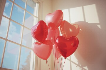 Heart balloons glow gently near window as warm highlights drift across soft white walls