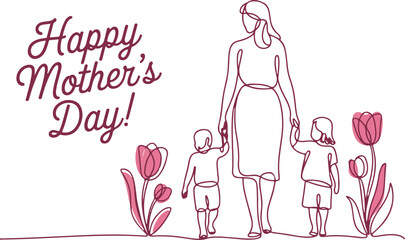 Happy Mother day card. Continuous one line drawing