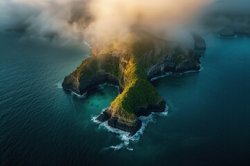 Cinematic aerial view of mysterious island amid turquoise seas and golden fog light