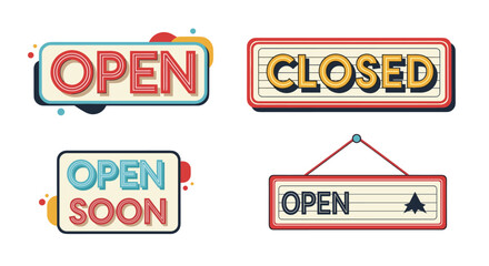 Retro style business sign collection featuring open closed and open soon messages for retail store storefronts and shops.