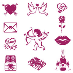 Valentines Day Icons Collection Featuring Hearts Doves Cupid Roses and Gifts