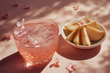 Pale rose mocktail shimmers with almond blossoms beside pears in a serene pairing