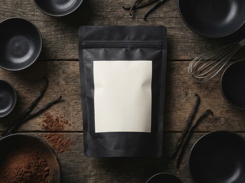 Black packaging pouch with blank label surrounded by vanilla and cocoa