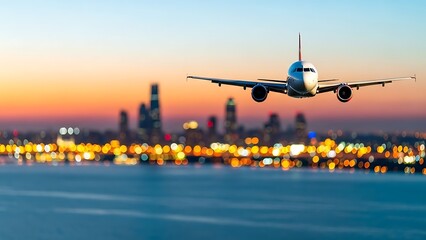 Airplane flying over illuminated city skyline at sunset dusk