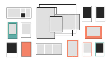 Set of various photo frame templates and polaroid style borders for scrapbooking digital galleries and memory layouts.