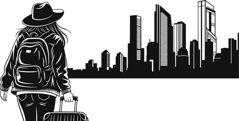 Woman with luggage travelling to city skyline sketch vector illustration