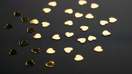 A collection of small heart shaped objects scattered on a dark surface