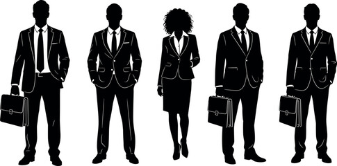 Professional Business Team Silhouettes in Formal Suits and Corporate Attire Holding Briefcases for Career Leadership and Global Enterprise Success Concept