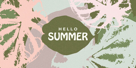 Hello Summer banner with tropical leaves and soft pastel colors. Seasonal background perfect for summer promotions, travel ads, social media, posters, and lifestyle design