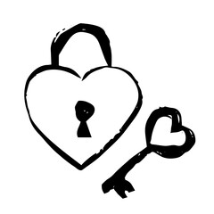 Hand drawn heart lock with key sketch in black ink style. Playful doodle illustration for Valentine&rsquo;s Day themes, love messages, romantic designs, greeting cards, stickers, and holiday decorations