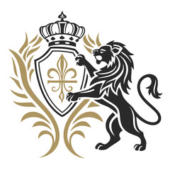 Fototapeta premium Heraldic Lion Shield with Imperial Crown and Laurel Wreath Vector Icon for Brand Identity
