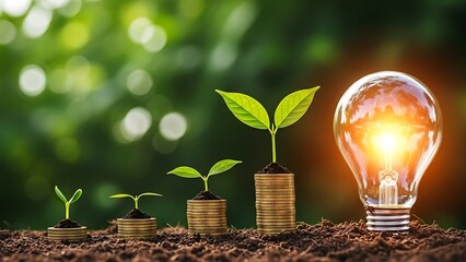 Growing plants on coins with a light bulb, symbolizing energy growth