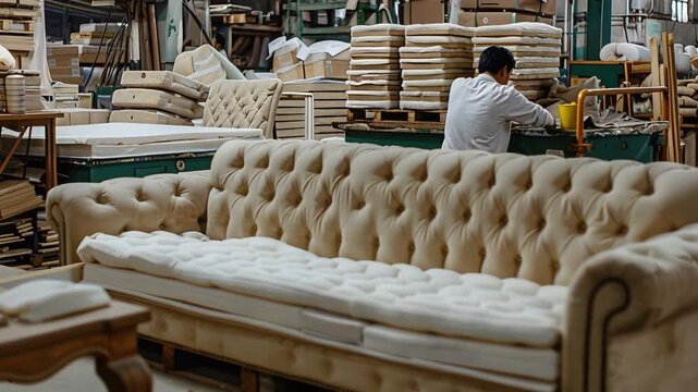 A man is focused on working with upholstery in a busy furniture workshop. Multiple furniture pieces are nearby, showing the busy environment and craftsmanship of furniture making