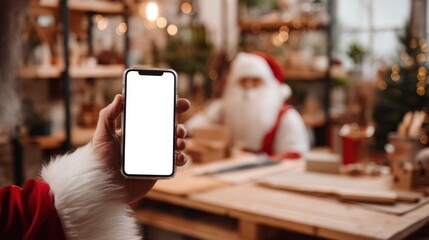 Santa workshop with smartphone display blank screen holiday concept.