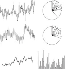 Obraz premium A black and white vector collection of financial data visualizations, including candlestick stock charts, circular pie graphs with exploded segments, and a detailed vertical bar chart.