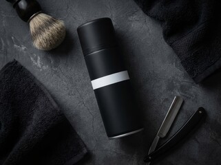 Black shaving cream bottle with brush and razor